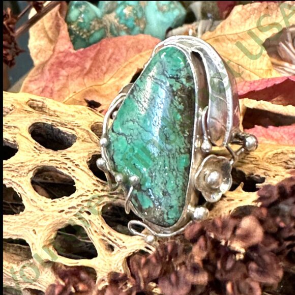 Vintage Sterling SIlver & Spider Web Turquoise Ring Size 7 - Picture 6 of 6